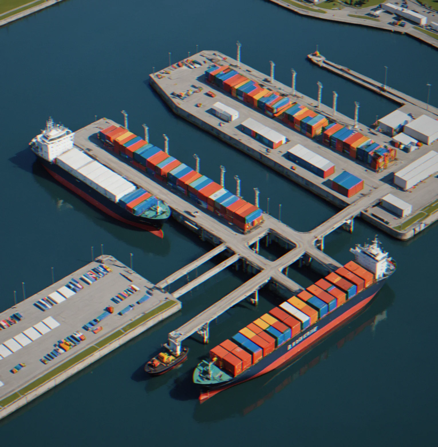 Overhead terminal layout showing four color-coded berths with vessel silhouettes and safety buffer zones marked