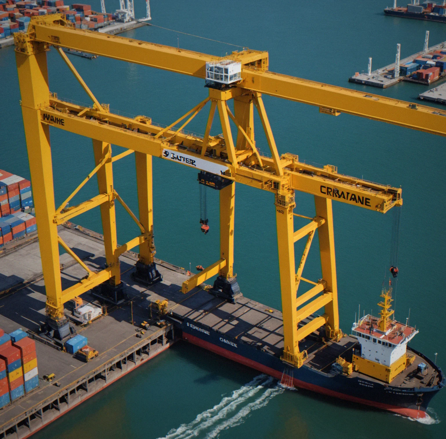 Close-up of a container crane with maintenance warning indicators and a timeline showing downtime blocks