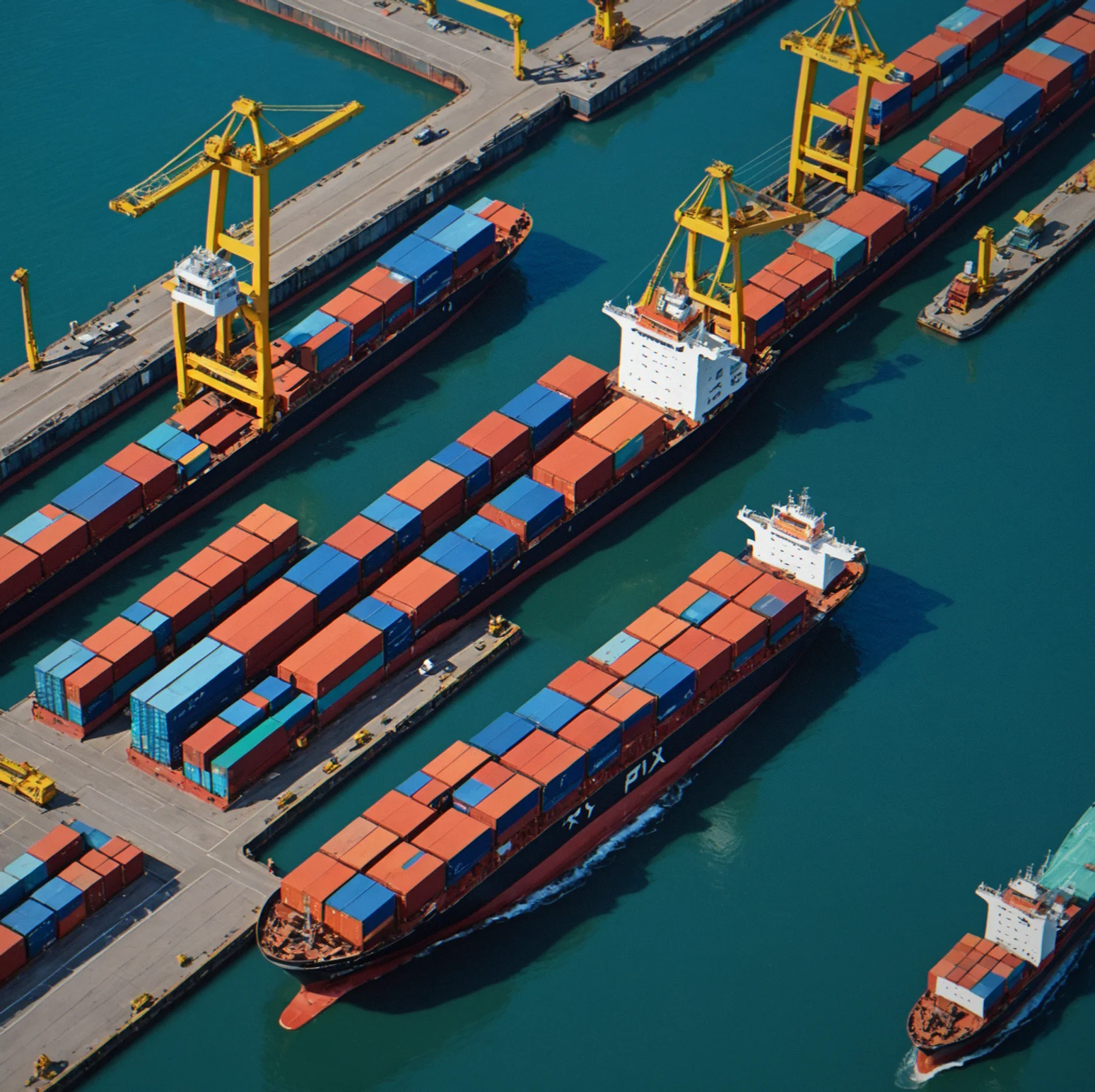 Live terminal operations with a large post-Panamax container ship moving into berth while two more sit waiting offshore, crane assignments overlaid on top, and the water depth indicator keeping you honest