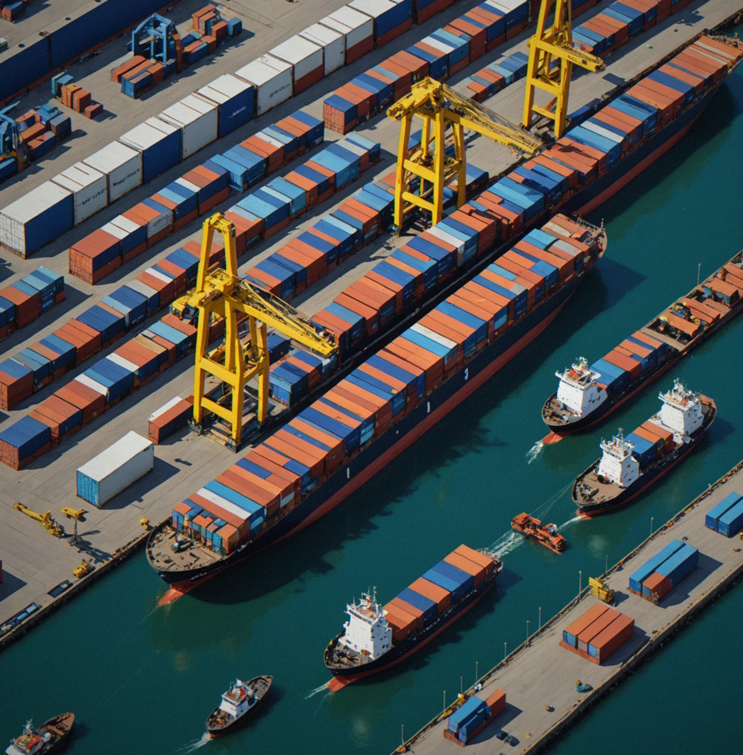 Bird's-eye view of containers stacked by how soon they need to come out, active crane work highlighted, barges being shuffled across the yard, and the cost multiplier ticking up during night shifts