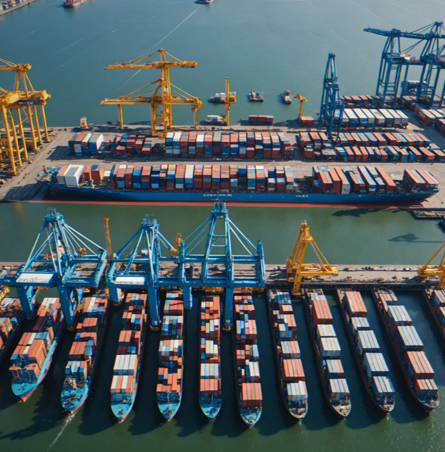 Overhead view of a busy container port terminal with multiple vessels docked at berths, stacked containers, and active crane operations during daylight