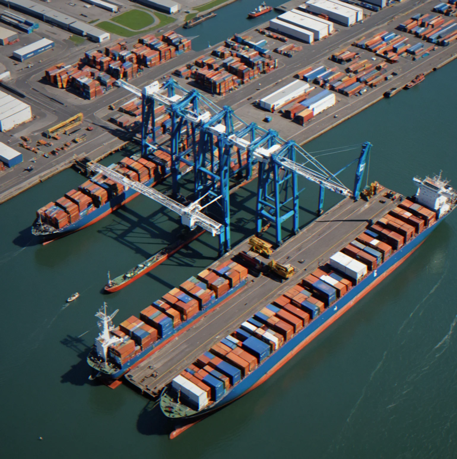 Satellite overhead view of Rotterdam port terminal with labeled berths, crane positions and container stacks